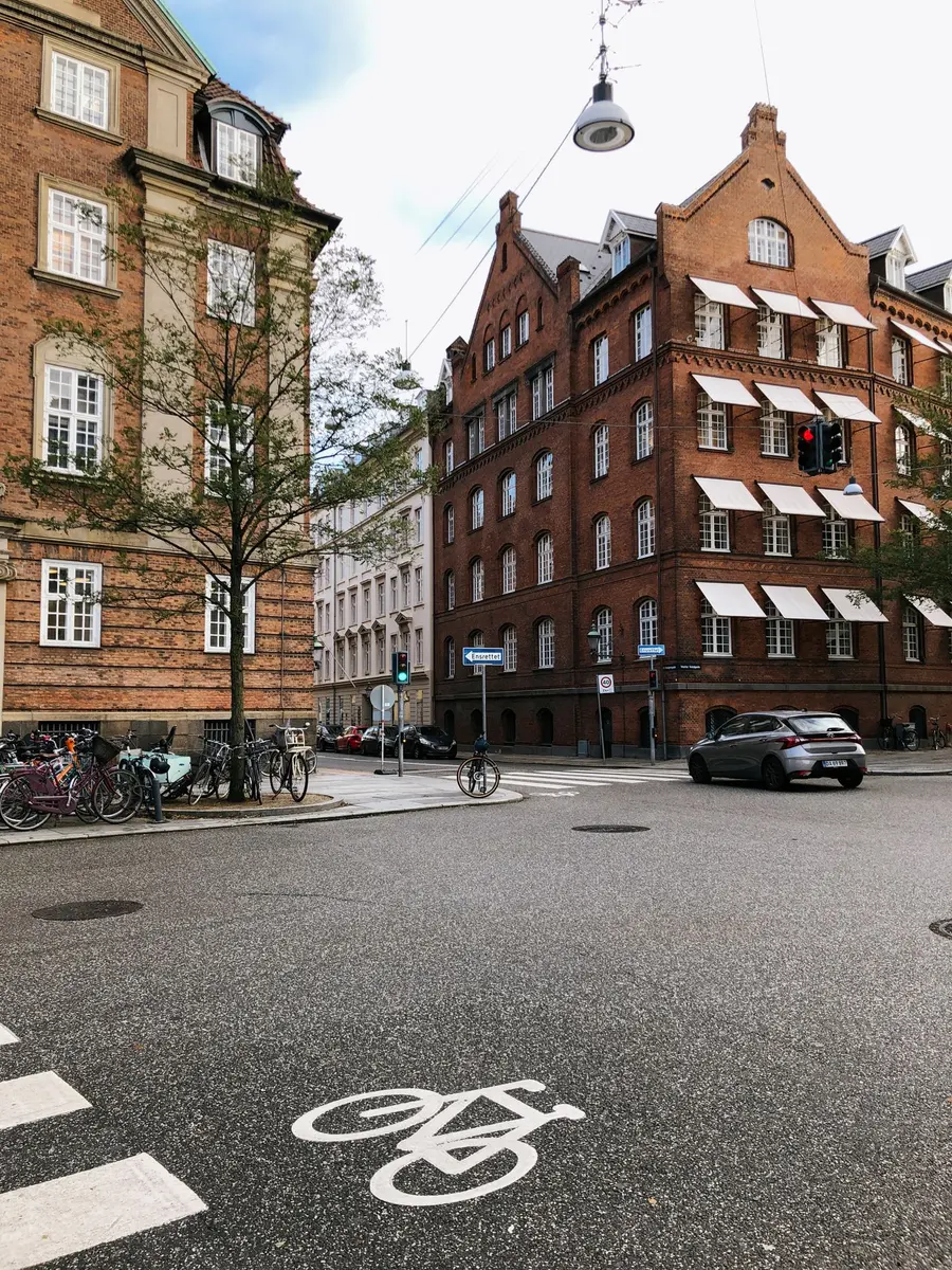 Et gadehjørne med vejforløb og parkerede biler.