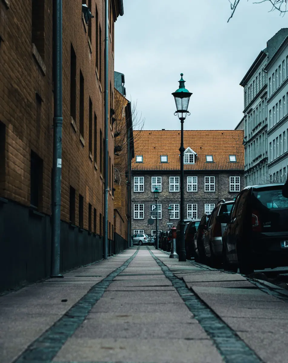 Parkerede biler ved et boligområde.